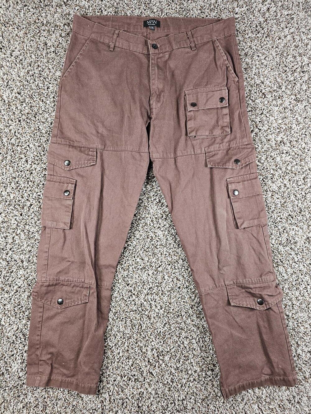 Boohoo Man Mens Sz L Multi Pocket Cargo Pants Brown Cotton